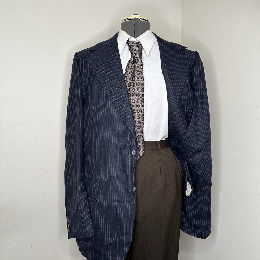 1960s 43L Blazer Navy Blue Striped Mens Vintage Sport Coat Suit Jacket Groshire